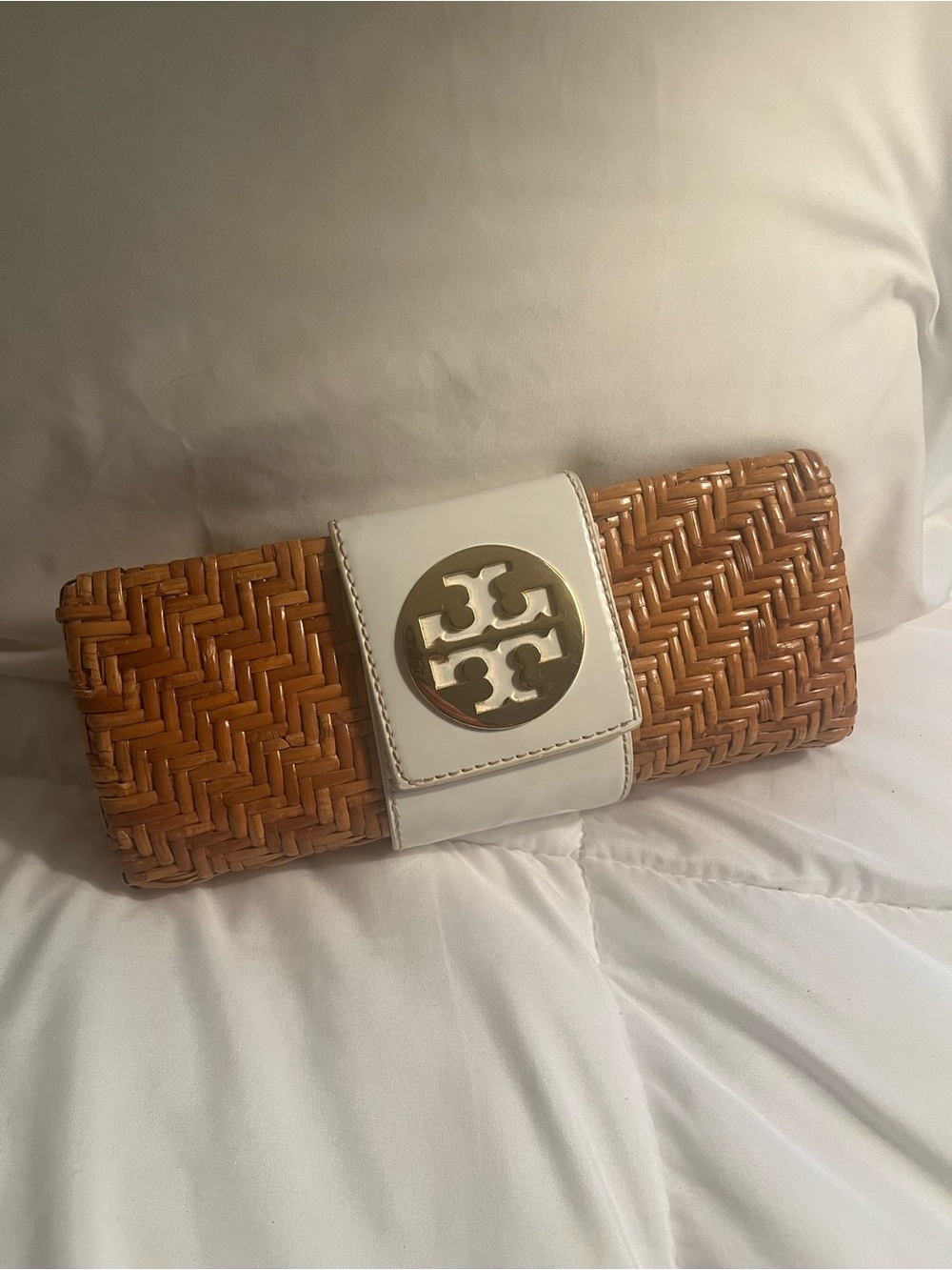 Tory Burch Tan Woven Straw Clutch with White Leather Logo Strap